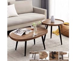 QPFO® Assymetrische Druppelvorm Salontafel – Industrieel Design – Dubbele Koffietafel van Bruin Hout en Zwart Metaal