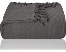 QPFO® Katoenen Sprei 150x220 cm - Wafelpiqué Zomerdeken Met Handgeknoopte Franjes - Bedsprei Bankplaid en Deken - Antraciet