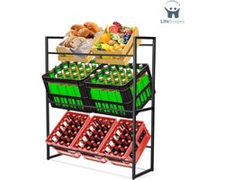 QPFO® Krattenrek metaal zwart - stabiel drankkrat rek - vrijstaand rek voor 6 kratten en waterbakken 98x31x114 cm