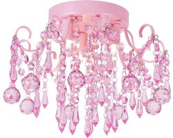 Q&S Mini-kroonluchter van glas, halve inbouwmontage, roze, meisjes, kleine kristallen plafondlamp, voor slaapkamer, badkamer, kast, kleuterschool met 3 lampen