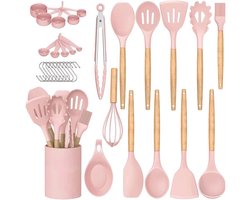 QTTVBTNA - 1 Stuk 33-Delig Antiaanbak Keukengerei Set, Siliconen Spatels met Houten Handvatten - Keukenaccessoires met Opbergstandaard - Kookgerei & Bakgerei voor Elke Keuken - Duurzaam Keukengereedschap - Roze