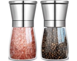 QTTVBTNA - 2-Delige Zout en Pepermolen Set – Glazen Gewürzmolens met RVS Behuizing – Verstelbaar Keramisch Maalwerk – Handmatig, Duurzaam & Stijlvol – Voor Keuken en Tafel – 180 ml – Zilver