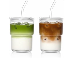 QTTVBTNA – 2 Stuks Glazen Beker 450ml met Deksel en Rietje – Smoothie Beker en Ijskoffie Glas – Drinkbeker voor Water, Koffie, Thee en Onderweg