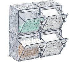 QTTVBTNA – 4-Delige Wattenschijfjes & Wattenstaafjes Houder – Wandmontage Acryl Organizer – Zelfklevend – Compact en Ruimtebesparend – Voor Make-up, Watten, Flosdraad en Accessoires – Ideaal voor Kaptafel en Thuisgebruik – Transparant Zilver