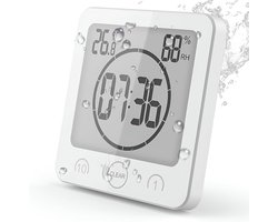 QTTVBTNA -Digitale Badkamerklok met LCD Display – Douche Klok met Zuignap, Countdown Timer, Temperatuur- & Luchtvochtigheidsmeter – Waterbestendige Wandklok voor Badkamer & Keuken (Wit)