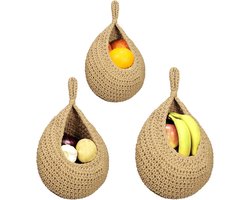 QTTVBTNA -Hangende Fruitmand Keuken Set – 3-delige Wandmand met Haken – Boho Opbergmand voor Fruit, Groenten & Uien – Linnen Hangmanden Ruimtebesparend