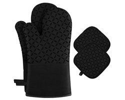 QTTVBTNA - Ovenhandschoenen - Antislip Silicone - Hittebestendig - Bakken & Koken - Keukengereedschap - 2 Handschoenen + 2 Matten - Zwart