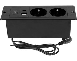 QTTVBTNA -Verzonken stopcontact 2-voudig inbouwstopcontact met USB en 1.7m kabel - Zwart voor tafelblad werkblad vergadertafel