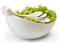 Qualy - Slabak Met Vogeltjes Bestek - Sparrow Salad Bowl & cutlery - Wit
