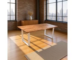 Quarto Massief Eettafel – Luxe Acacia Houten Tafel 260 x 100 cm – Rechthoekige Boomrand Eettafel met Zilveren Metalen Poten – Uniek Design & Duurzaam – HomeByNicole