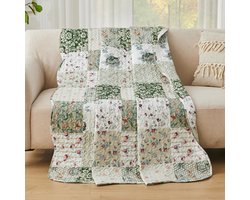 Qucover Patchwork Bedsprei Patchwork deken 150x200cm Groen, Lichtgekleurde Bedsprei Eenpersoonsbedbankdeken, Deken Bloemen Ultrasoon genaaid in Landhuisstijl