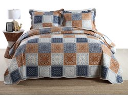 Qucover Patchwork Sprei, bruin, 240 x 260 cm, voor tweepersoonsbed, met 2 kussenslopen, quilt, zomerdeken, licht, van microvezel, Boutis, 3-delig, elegant, ruitpatroon