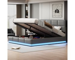 Queen gestoffeerd led-verlichting bedframe 180x200cm - hydraulisch hefbed met opbergruimte - Pu leer platformbox Bed - Tweepersoonsbed volwassenenbed - grijs