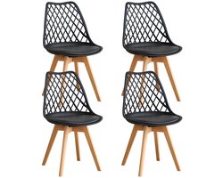 QUESTYR Set van 4 Eetkamerstoelen – Zwart – Scandinavisch Design – Mesh Rugleuning & Houten Poten – Comfortabele PU‑Lederen Stoelen voor Keuken & Eetkamer