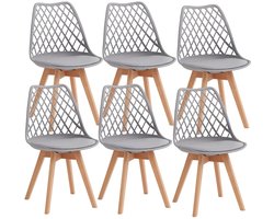 QUESTYR Set van 6 Eetkamerstoelen – Grijs – Scandinavisch Design – Mesh Rugleuning & Houten Poten – Comfortabele PU‑Lederen Stoelen voor Keuken & Eetkamer