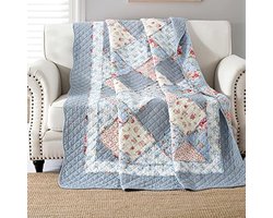 Quilt 150x200 cm – Blauw bloemen patchwork – Gequilt katoenen dekentje