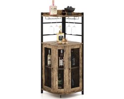 QUOVO® Wijnrek - Wijnkast Staand - Barkast Met Flessenhouders - Wijnrekken - Barmeubel Met Wijnglashouders - Drankkast - Stapelbaar & Industrieel – Rustiek bruin - 46cm x 46cm x 130cm