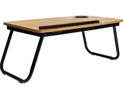 QUVIO bedtafel met bekerhouder / Bedtafel / Laptoptafel / Bedtafeltje voor op bed / Bedtafeltje - Verstelbaar - Houtlook