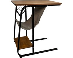 QUVIO Bijzettafel op wieltjes - Met legplanken - Bijzettafeltje - Rollend tafeltje - Sidetable - Hout - Stof - Metaal - Bruin, zwart en grijs - 65 x 40 x 75 cm