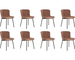 QUVIO Eetkamerstoel Lucy – Eetkamerstoelen - Bouclé - Staal - Bruin - Roestbruin - Set van 8