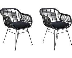 QUVIO Fauteuil tuinstoel Jade - Eetkamerstoelen - Eetkamerstoel - Zwarte tuinstoel - Met kussen - Staal - PE rattan - Zwart - Set van 2