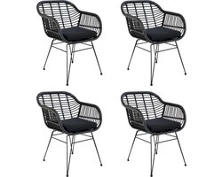 QUVIO Fauteuil tuinstoel Jade - Eetkamerstoelen - Eetkamerstoel - Zwarte tuinstoel - Met kussen - Staal - PE rattan - Zwart - Set van 4