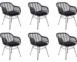 QUVIO Fauteuil tuinstoel Jade - Eetkamerstoelen - Eetkamerstoel - Zwarte tuinstoel - Met kussen - Staal - PE rattan - Zwart - Set van 6