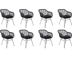 QUVIO Fauteuil tuinstoel Jade - Eetkamerstoelen - Eetkamerstoel - Zwarte tuinstoel - Met kussen - Staal - PE rattan - Zwart - Set van 8