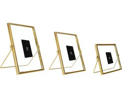 QUVIO Fotolijstjes - Rechthoek - Set van 3 - Fotolijsten - Fotokader - Fotoalbum - Tafeldecoratie - Staand - Goud - Staal - Glas - 15 x 20,5 cm + 13 x 18 cm + 10,5 x 15,5 cm