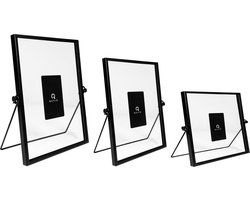 QUVIO Fotolijstjes - Rechthoek - Set van 3 - Fotolijsten - Fotokader - Fotoalbum - Tafeldecoratie - Staand - Zwart - Staal - Glas - 15 x 15 cm + 15 x 20 cm + 17,5 x 23 cm