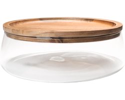 QUVIO Glazen schaal met houten deksel / Tafel decoratie / Salontafel schaal - Bruin
