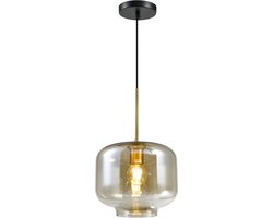 QUVIO Hanglamp met Glazen Kap - Amber - Design Hanglamp Slaapkamer- Bruine Eettafel Hanglamp - Woonkamer Hanglampen - Hotel Chique - Modern - Metaal - Glas - Zwart - Goud