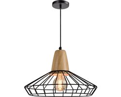 QUVIO Hanglamp modern / Plafondlamp / Sfeerlamp / Leeslamp / Eettafellamp / Verlichting / Slaapkamer lamp / Slaapkamer verlichting / Keukenverlichting / Keukenlamp - Rond frame metaaldraad met hout - Diameter 39,5 cm