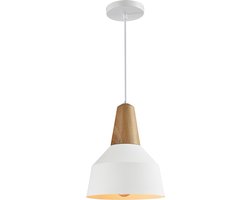 QUVIO Hanglamp modern / Plafondlamp / Sfeerlamp / Leeslamp / Eettafellamp / Verlichting / Slaapkamer lamp / Slaapkamer verlichting / Keukenverlichting / Keukenlamp - Metaal en houten kop - Diameter 23 cm - Wit en bruin