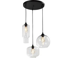 QUVIO Hanglamp retro - Hanglampen eetkamer - Lampen - Plafondlamp - Verlichting - Keukenverlichting - Lamp - E27 - Met 3 Lichtpunten - Voor binnen - D 40 cm - Metaal - Glas - Zwart