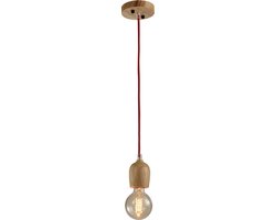 QUVIO Hanglamp retro / Plafondlamp / Sfeerlamp / Leesamp / Eettafellamp / Verlichting / Slaapkamer lamp / Slaapkamer verlichting / Keukenverlichting / Keukenlamp - Houten pendel met rood snoer - Diameter 6 cm
