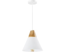 QUVIO Hanglamp Scandinavisch - Lampen - Plafondlamp - Verlichting - Keukenverlichting - Lamp - Kegellamp - E27 fitting - Voor binnen - Met 1 lichtpunt - Aluminium - Hout - D 22 cm - Wit en lichtbruin
