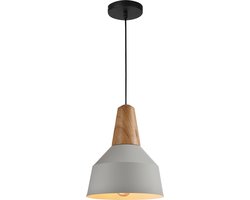QUVIO Hanglamp scandinavisch / Plafondlamp / Sfeerlamp / Leeslamp / Eettafellamp / Verlichting / Slaapkamer lamp / Slaapkamer verlichting / Keukenverlichting / Keukenlamp - Metaal en houten kop - Diameter 23 cm - Grijs en bruin