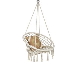 QUVIO Hangstoel Bohemian - Hangsalon voor binnen en buiten  - Tuinstoel voor in de tuin - Schommelzetel - Hangstoel - Schommelstoel - Belastbaar tot 150KG - Katoen, hout en touw - 68 x 80 x 115 cm (lxbxh) - Gebroken wit