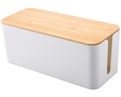 QUVIO Kabelorganizer - Kabeldoos - Kabelopberger - Kabel opbergdoos - Kabelhouder - Kabelbox - Oplaadstation - Kunststof - Hout - Wit - Lichtbruin - 13,5 x 32 x 13 cm
