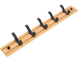 QUVIO Kapstok bamboe hout - Kapstok voor wandmontage met 5 verschuifbare ophangpunten - Wandkapstok - Kapstokhaken - Muurkapstok - Handdoekrek - Kapstok haak - 5 haaks - Draagkracht van 15 kg - 50 x 6 x 1.2 cm - Bamboe en aluminium - Beige en zwart