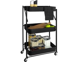 QUVIO Keukentrolley opvouwbaar - Keukentrolley op wieltjes - Kast op wieltjes - Opbergrek - Bakkerskast - Rolkast - Stellingkast - Serveerwagen - Badkamertrolley - 3 lagen - Metaal - 30 x 45 x 77 cm (lxbxh) - Zwart