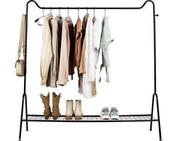 QUVIO Kledingrek met schoenen opbergruimte - Kapstok - Kledingrekken - Rek met enkele stang - Metaal - Zwart - 34 x 150 x 150 cm