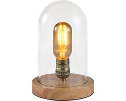 QUVIO Lamp - Tafellamp - Glazen stolp en houten voet - Diameter 15 cm