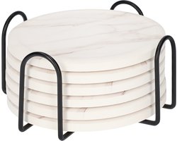 QUVIO Onderzetters - Set van 6 - Met houder - Voor glazen - Onderleggers - Marmerlook - Wit - Zwarte houder - Hout - Metaal - Diameter 10,5 cm