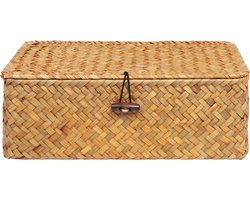 QUVIO Opbergmand - Maat S - Opbergdoos - Opbergbox - Voorraaddoos - Organizer - Sorteerdoos - Met deksel - Met knoop - Rotan - Bruin - 23x12x8,5 cm