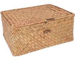 QUVIO Opbergmand - Opbergdoos - Opbergbox - Voorraaddoos - Organizer - Sorteerdoos - Met deksel - Met knoop - Rotan - Bruin - 29 x 19 x 12 cm
