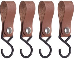 QUVIO Ophanghaak met leren bandje - Kledinghaken - Kledinghangers - Opbergen - Haken - Keukenhaken - Kunststof - Leer - Ophanghaken - Set van 4 - Bruin