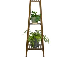 QUVIO Plantenrek - Plantentafel - Plantenstandaard - Plantentafeltje voor binnen - Plantenzuil - Bloementrap - Bloemenrek - Opbergrek - 3 Etages - 38 x 38 x 109 cm - Bamboe - Bruin