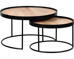 QUVIO Salontafel Sara – Set van 2 – Groot en klein – FSC®-gecertificeerd mangohout – Metaal – Zwart – Naturel